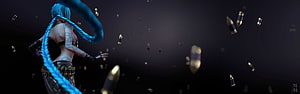 Blue Haired Female Character with Bullet Casing Rain in Dark Cinematic Scene HD wallpaper
