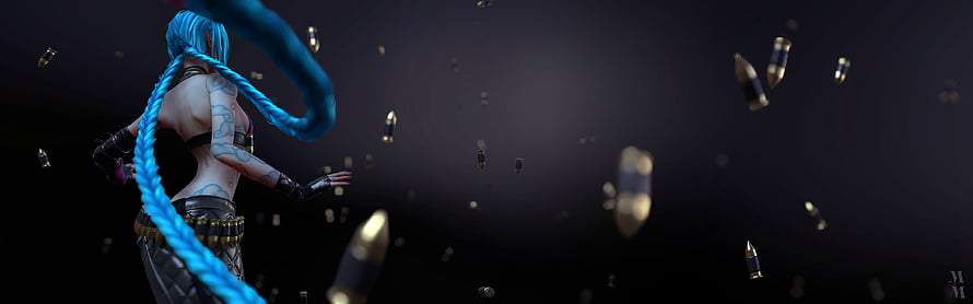 Blue Haired Female Character with Bullet Casing Rain in Dark Cinematic Scene HD wallpaper