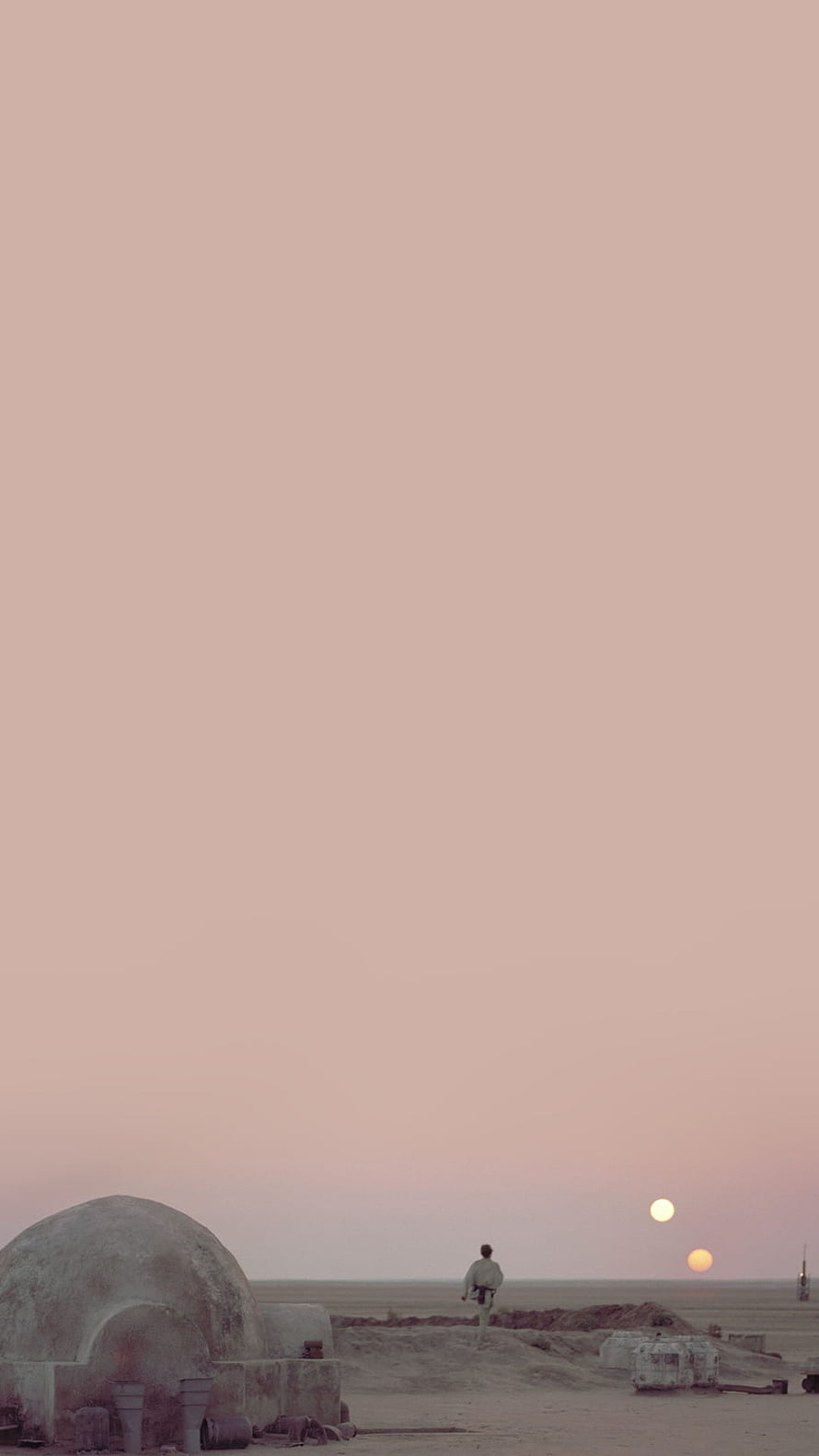 Luke Skywalker on Tatooine in The Force Awakens with twin suns setting over the desert HD phone wallpaper