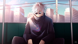 Satoru Gojo from Jujutsu Kaisen Sitting on a Rooftop with City Skyline HD wallpaper