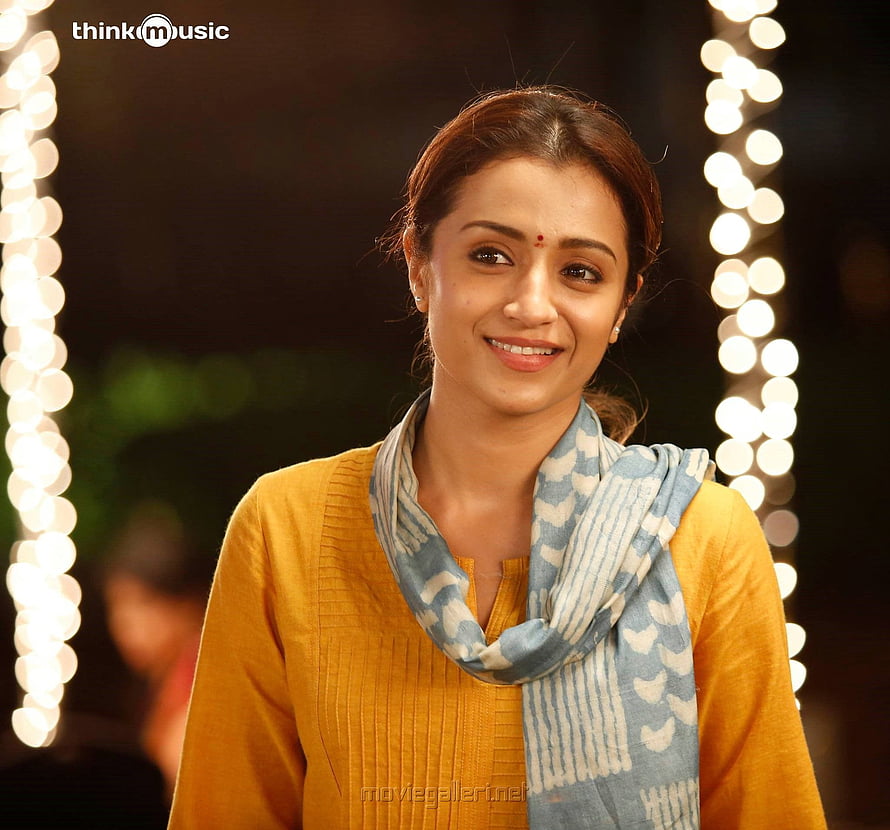96 Movie Still Featuring Actress in Yellow Kurta and Blue Scarf with Festive Lights HD wallpaper