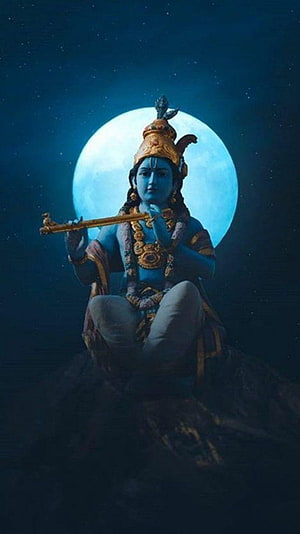 Lord Krishna Playing Flute Under Full Moon HD phone wallpaper