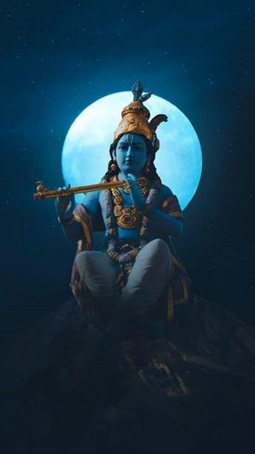 Lord Krishna Playing Flute Under Full Moon HD phone wallpaper
