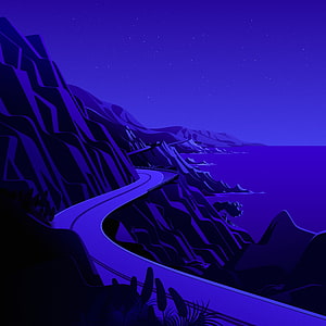 Stylized Coastal Cliff Road at Night in Deep Purple and Blue Tones HD phone wallpaper