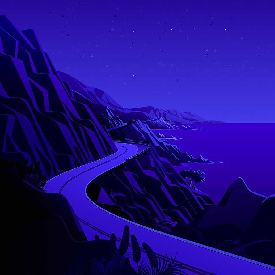 Stylized Coastal Cliff Road at Night in Deep Purple and Blue Tones HD phone wallpaper
