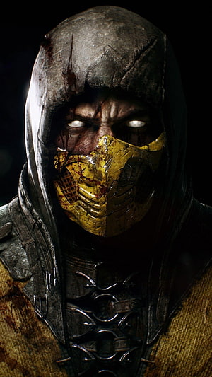 Mortal Kombat Scorpion Character Portrait with Golden Mask and Hooded Armor HD phone wallpaper