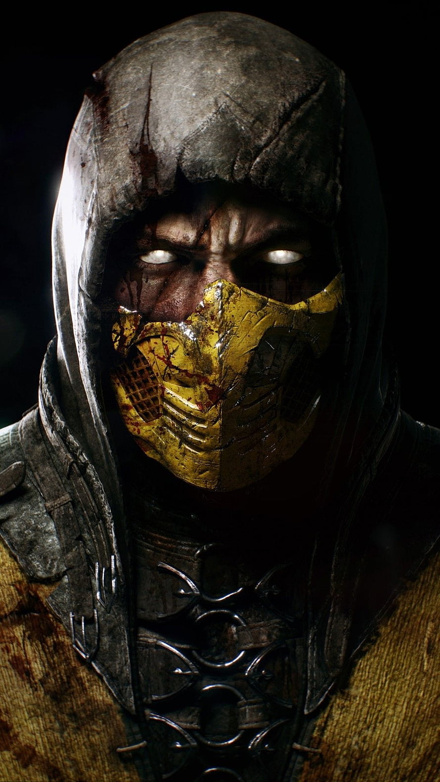 Mortal Kombat Scorpion Character Portrait with Golden Mask and Hooded Armor HD phone wallpaper