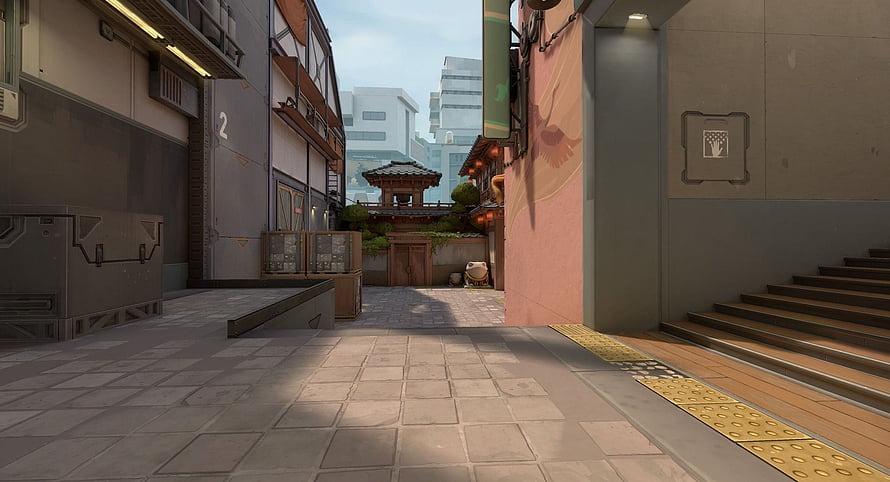 Valorant Ascent Map Alleyway Scene with Traditional Japanese Architecture and Modern Urban Elements HD wallpaper