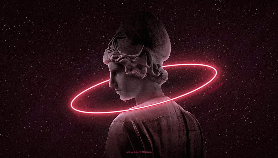Classical Greek Statue Profile with Glowing Red Halo Against Starry Night Sky HD wallpaper