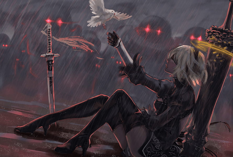 NieR: Automata 2B Releasing a Dove in the Rain with Sword and Halo HD wallpaper