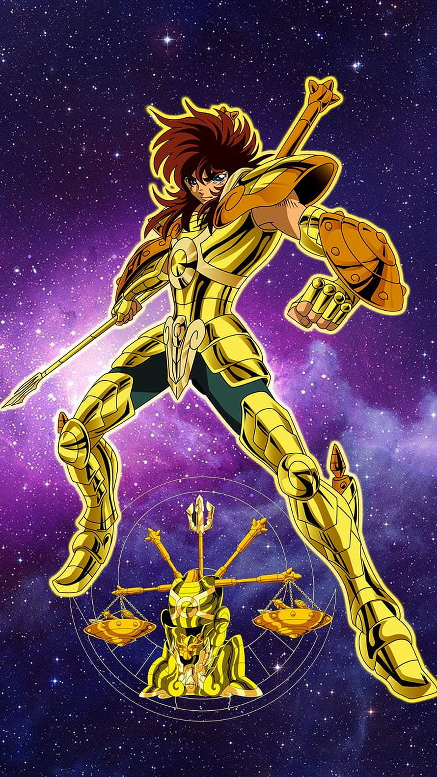 Dohko of Libra in Golden Cloth wielding scales and trident against a cosmic nebula backdrop HD phone wallpaper