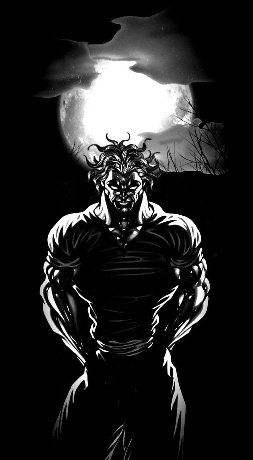 Yujiro Hanma from Baki the Grappler in a dramatic black and white illustration under a full moon HD phone wallpaper