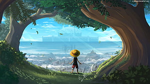 Monkey D Luffy Gazing at Distant Castle from Tree Hollow in One Piece Digital Art HD wallpaper
