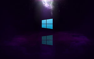 Windows 10 Logo on Dark Purple Background with Light Beam and Reflection HD wallpaper