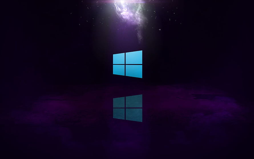 Windows 10 Logo on Dark Purple Background with Light Beam and Reflection HD wallpaper