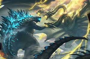 Godzilla and King Ghidorah Clash in Epic Monster Battle with Lightning Storm HD wallpaper