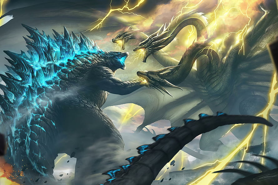 Godzilla and King Ghidorah Clash in Epic Monster Battle with Lightning Storm HD wallpaper