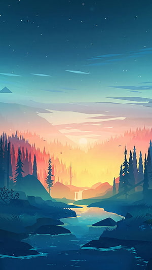 Stylized Nature Illustration of a River Valley at Sunset with Pine Forests and Starry Sky HD phone wallpaper