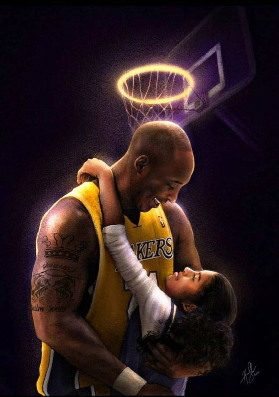 Kobe Bryant and Gigi Bryant Embrace Under a Glowing Basketball Hoop HD phone wallpaper