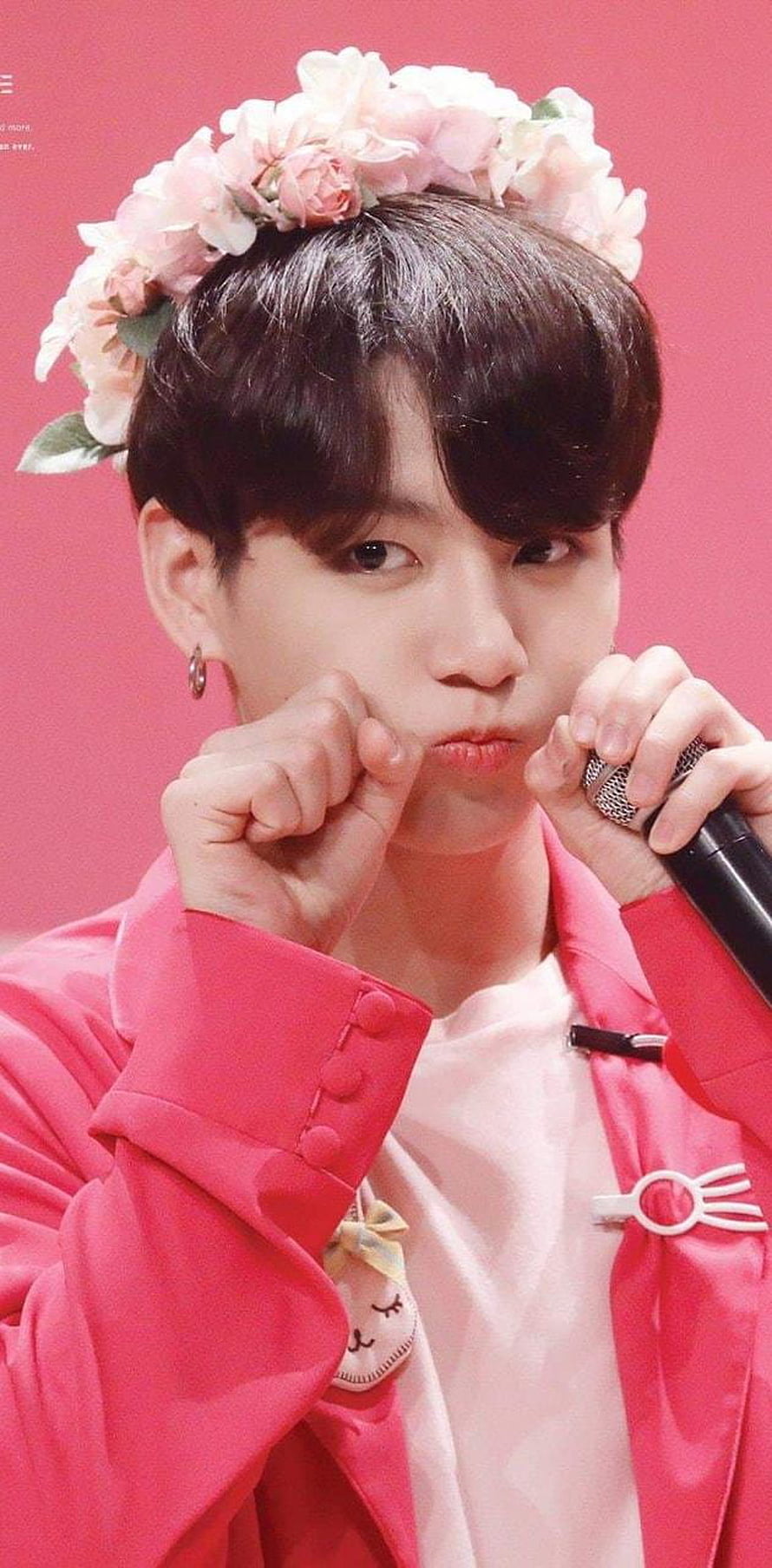 BTS Jungkook Wearing Floral Crown and Pink Jacket Holding Microphone HD phone wallpaper