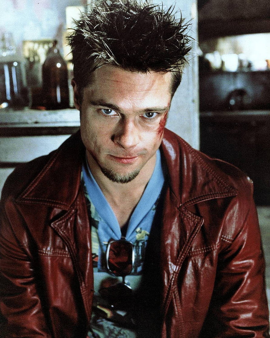 Brad Pitt as Tyler Durden in Fight Club wearing a red leather jacket with a facial cut HD phone wallpaper