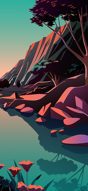 Stylized Mountain Valley Landscape with River and Wildflowers at Sunset HD phone wallpaper