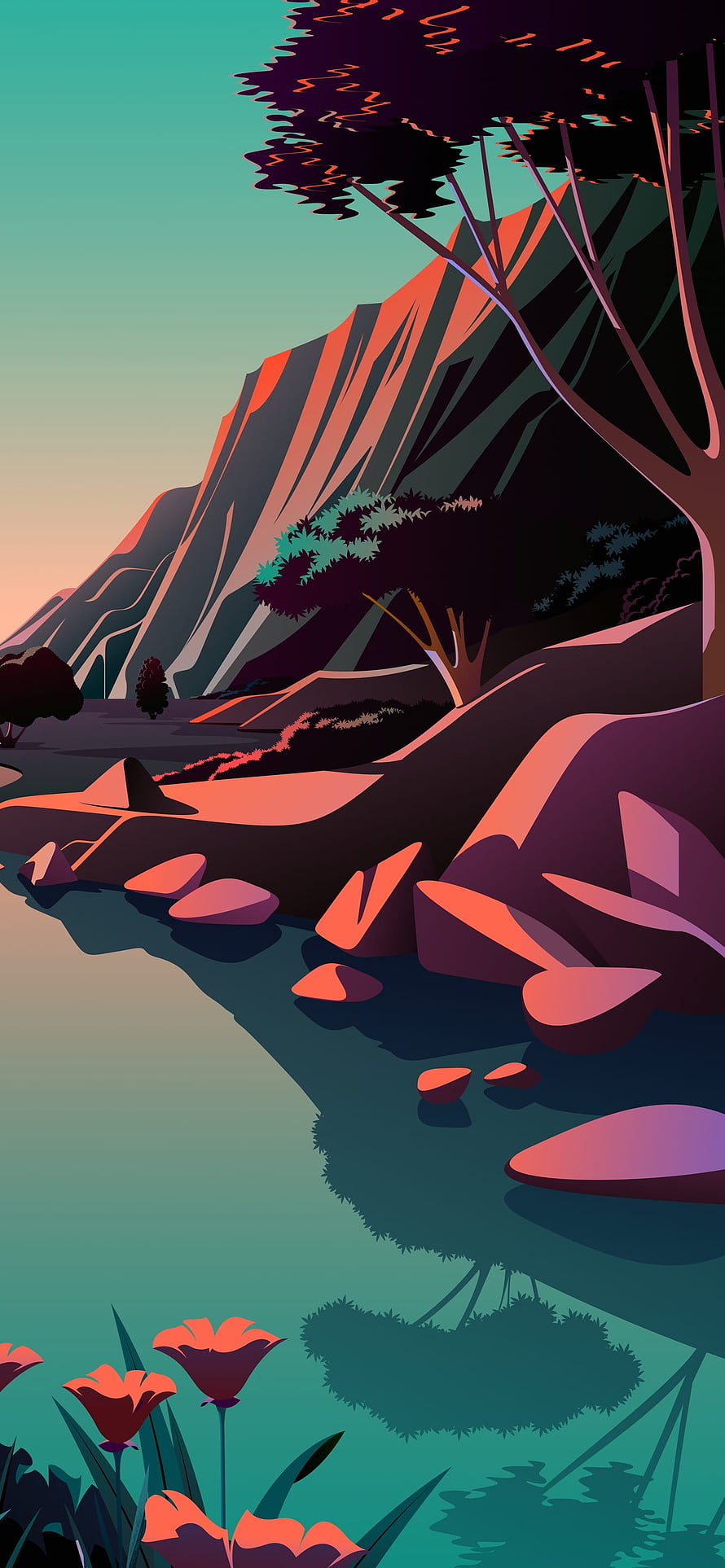 Stylized Mountain Valley Landscape with River and Wildflowers at Sunset HD phone wallpaper