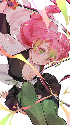 Mitsuri Kanroji Anime Character with Pink Hair and Green Eyes in Dynamic Pose HD phone wallpaper