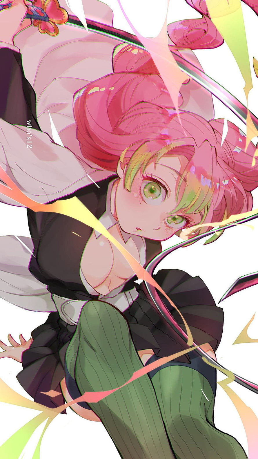 Mitsuri Kanroji Anime Character with Pink Hair and Green Eyes in Dynamic Pose HD phone wallpaper