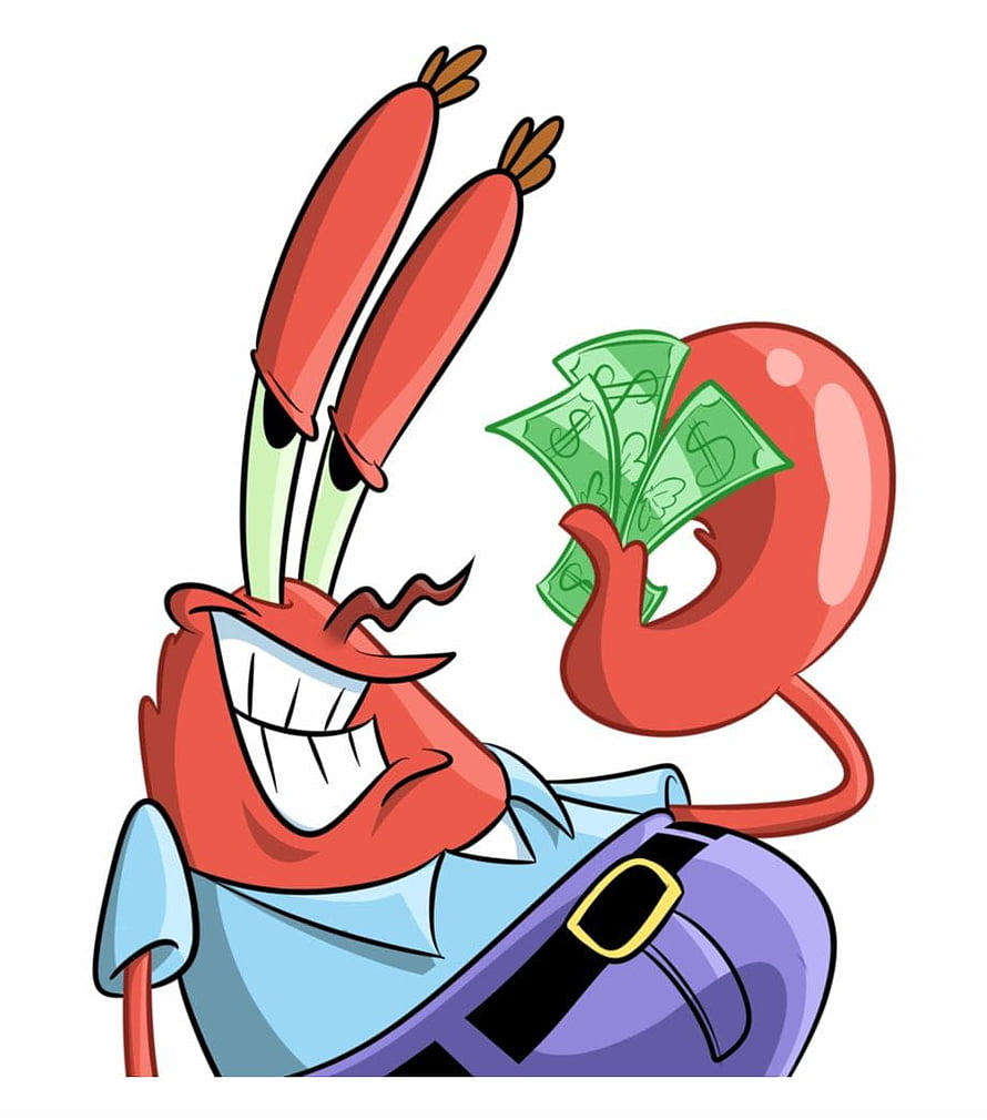 Mr. Krabs from SpongeBob SquarePants holding a fan of dollar bills with a greedy grin HD phone wallpaper