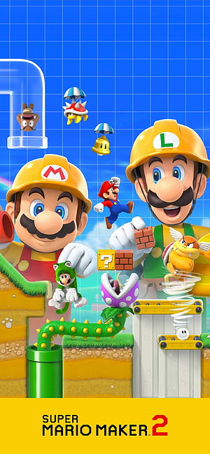 Super Mario Maker 2 Key Art Featuring Mario, Luigi, and Classic Enemies in a Vibrant 3D Level HD phone wallpaper