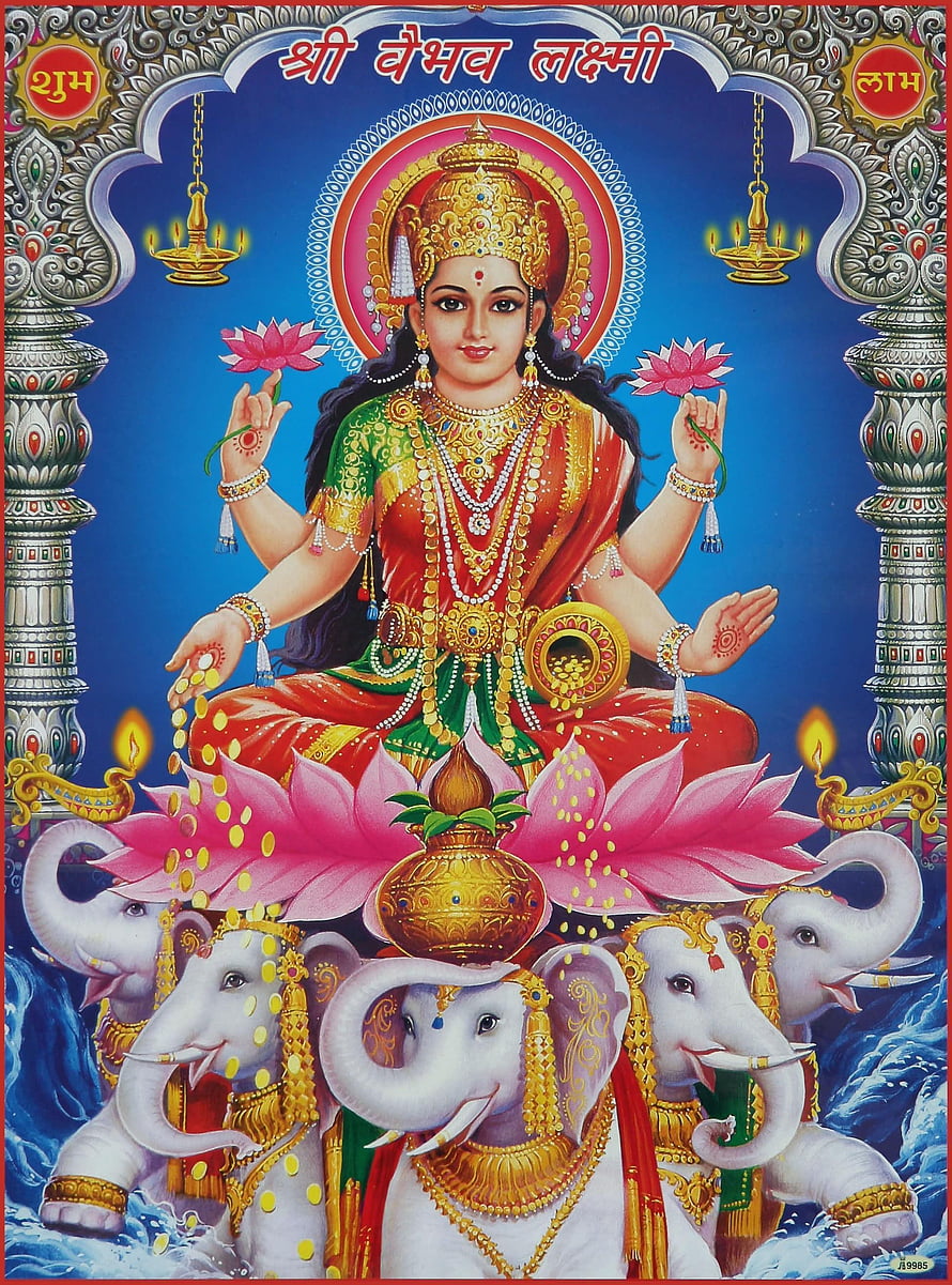 Goddess Lakshmi Seated on Lotus with Five White Elephants and Kalash HD phone wallpaper