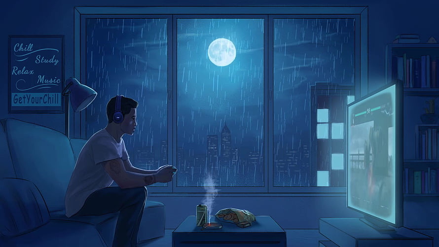 Lofi Hip Hop Night Scene: Gamer with Headphones Watching Rainy City Skyline HD wallpaper