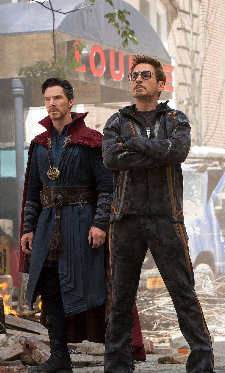 Doctor Strange and Iron Man Standing in Ruined Street from Avengers Infinity War HD phone wallpaper