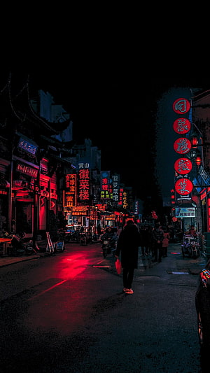 Neon-Lit Chinese Street at Night with Red Signage and Pedestrians HD phone wallpaper