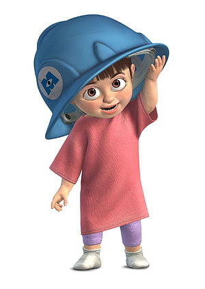 Boo from Monsters Inc. Wearing a Blue Helmet and Pink Dress in a 3D Render HD phone wallpaper