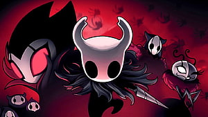 Hollow Knight Silksong Artwork Featuring Horned Mask and Dark Characters Against Crimson Background HD wallpaper
