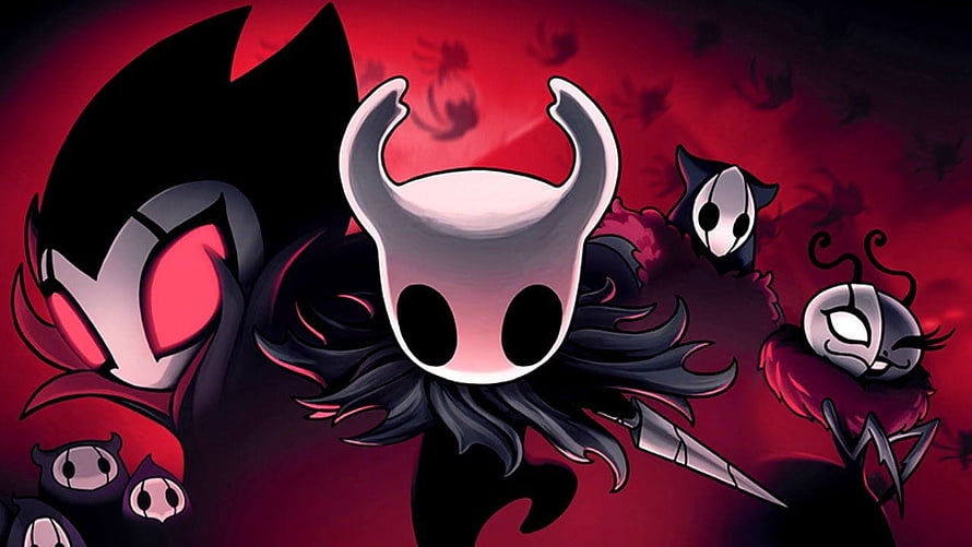 Hollow Knight Silksong Artwork Featuring Horned Mask and Dark Characters Against Crimson Background HD wallpaper
