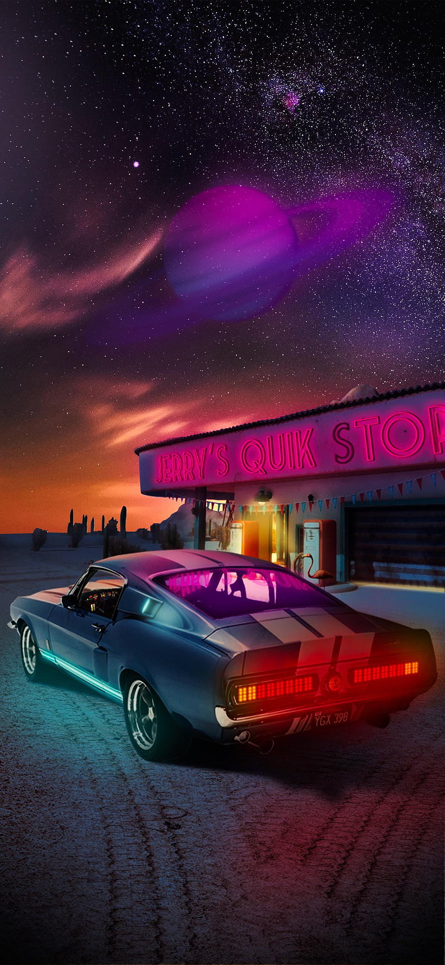 Retro Muscle Car at Neon Desert Gas Station Under Alien Planet Sky HD phone wallpaper