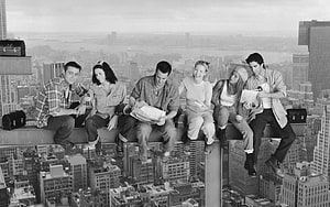 Friends TV Series Cast Sitting on Skyscraper Beam Over New York City Skyline HD wallpaper