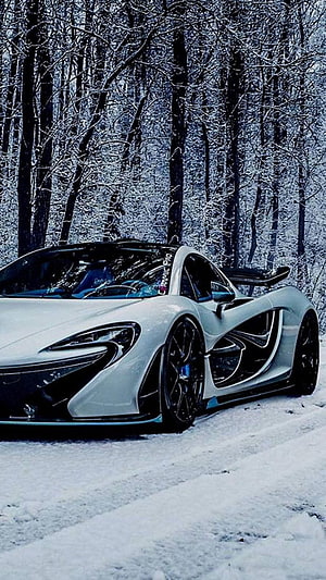 White McLaren P1 Super Car Parked in Snowy Forest HD phone wallpaper