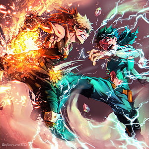 Izuku Midoriya and Katsuki Bakugo Clash in Explosive Anime Battle HD phone wallpaper