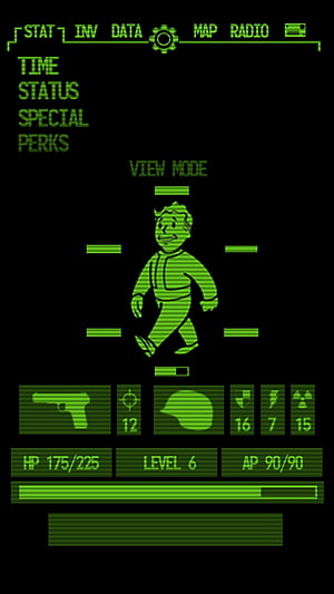 Fallout Pip-Boy Interface with Green Character Silhouette and Status Display HD phone wallpaper