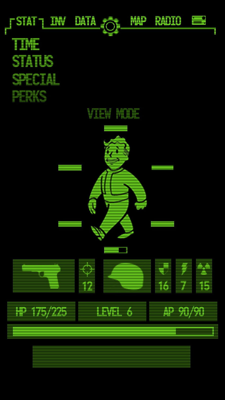 Fallout Pip-Boy Interface with Green Character Silhouette and Status Display HD phone wallpaper