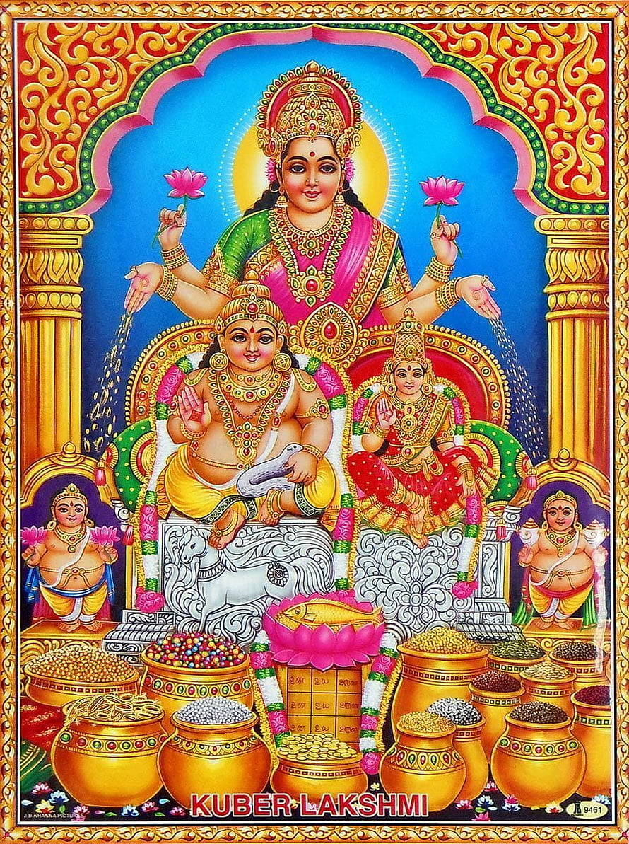 Kuber and Lakshmi with Riddhi and Bhaga in Traditional Indian Devotional Art HD phone wallpaper