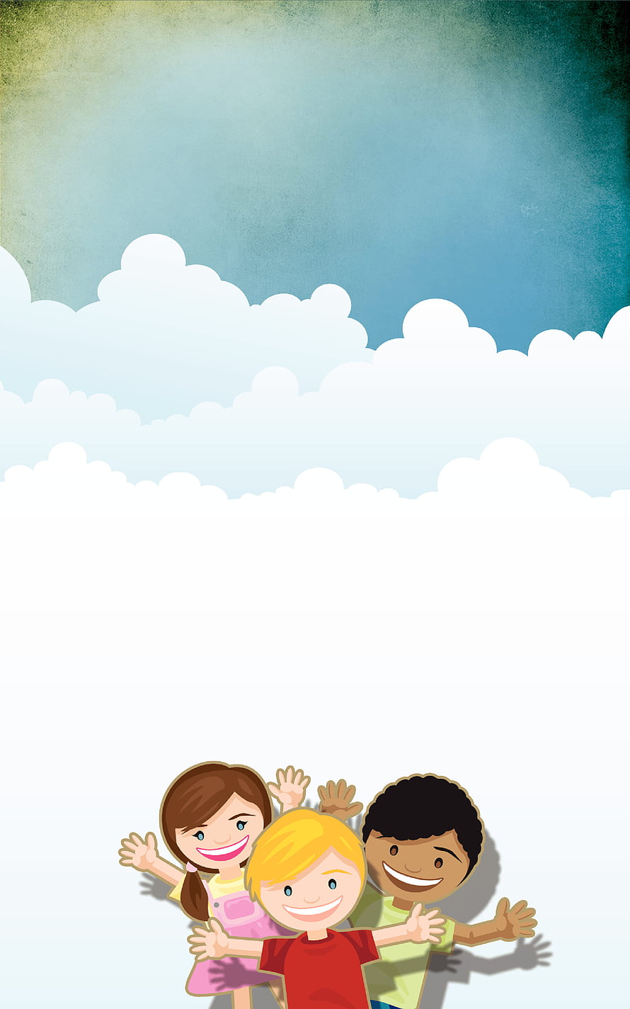 Cheerful Diverse Children Waving Under a Cloudy Sky in a Bright Cartoon Illustration HD phone wallpaper