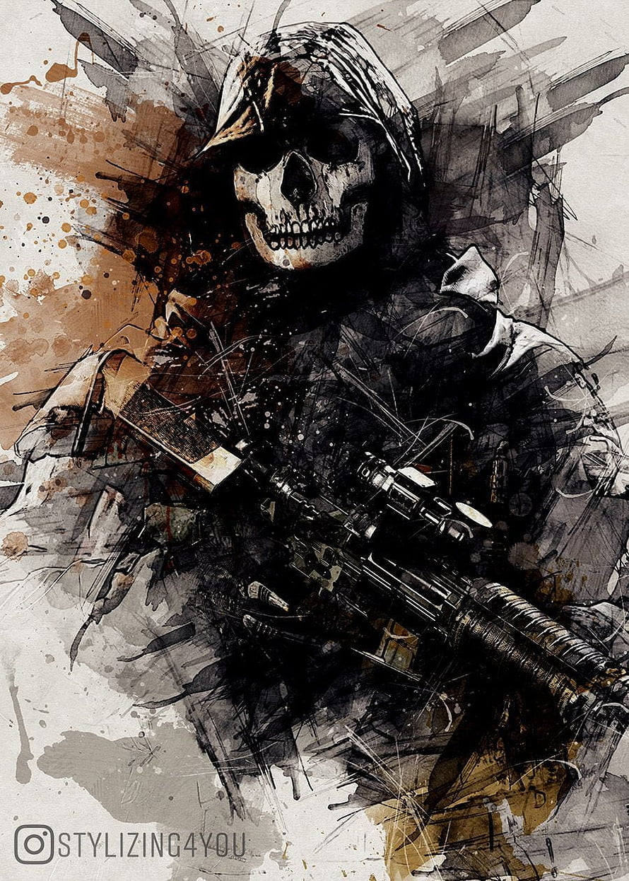 Call of Duty Ghost Skull Soldier Digital Art with Tactical Rifle and Grunge Splatter Style HD phone wallpaper