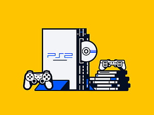 PlayStation 2 Console and Controller Minimalist Illustration on Yellow Background HD wallpaper