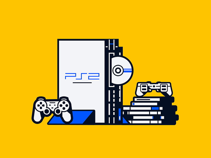 PlayStation 2 Console and Controller Minimalist Illustration on Yellow Background HD wallpaper