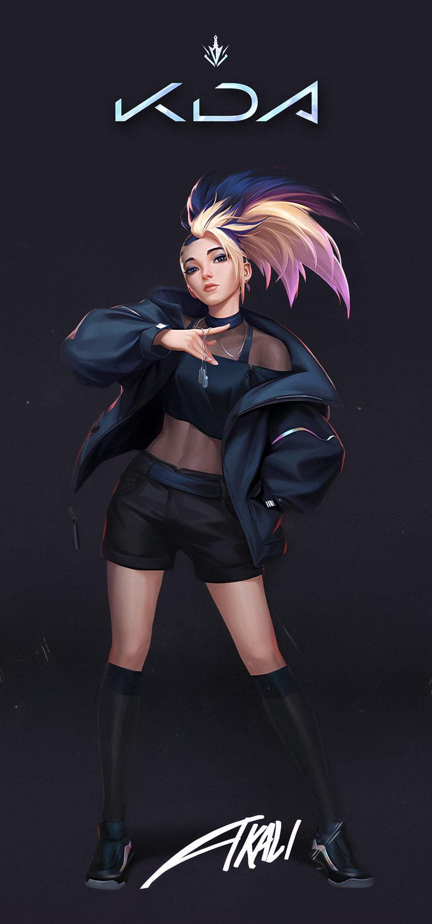 K/DA Akali Character Art in Black Streetwear Outfit with Vibrant Hair HD phone wallpaper